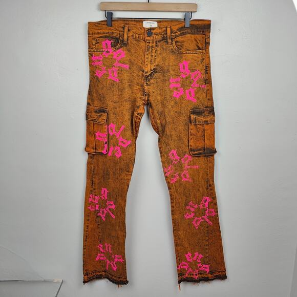 Golden Syndicate Cargo Jeans Mens 34 NWOT Orange Acid Wash Stamped‎ Rocker - Picture 1 of 10